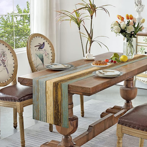Bordslöpare Modern Vardagsrum Vår Placemats Grön Blå Grå Plankor Ladugårdsbordet Matslöpare Set för Matsal Fest Bröllop Linne 33 x 183 cm