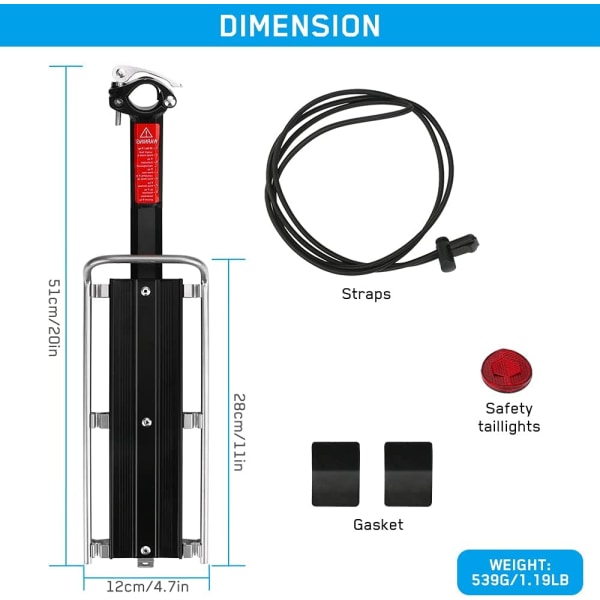 Bagagehållare, universal justerbar bagagehylla bak med reflektor Bagagehållare i aluminium 9 kg kapacitet Cykeltillbehör för cykling och camping