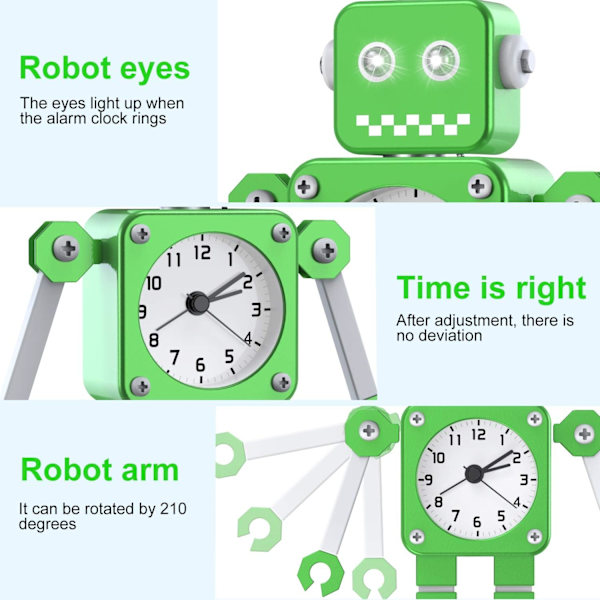Robotväckarklocka för barn, pojkar, analog väckarklocka utan tickande, tyst väckarklocka för pojkar och flickor (grön)
