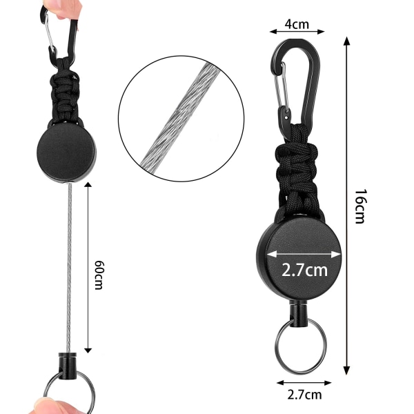 3-pack utdragbara nyckelringar, utdragbar nyckelring med karbinhake, utdragbart snöre med 60 cm stållina och nyckelring, 170g-200g draghållfasthet