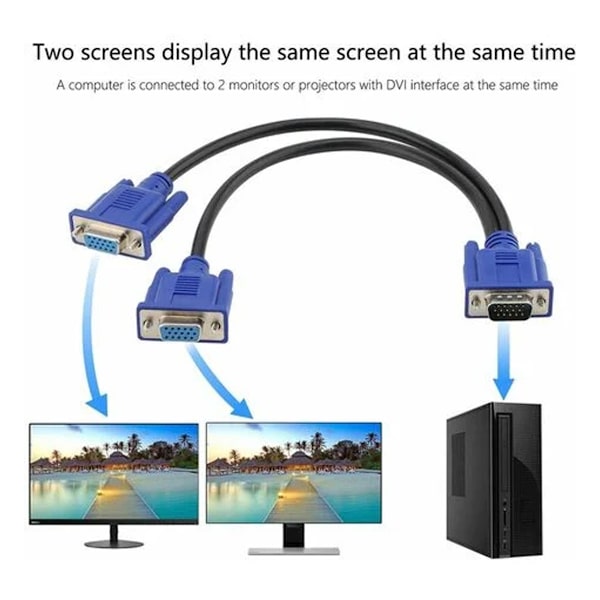 VGA-splitterkabel med dubbla skärmar, VGA Y-kabel, 1 hane till 2 hon-omvandlare, videoadapterkabel för skärmduplicering, VGA-anslutningskabel 1 till 2 hanar