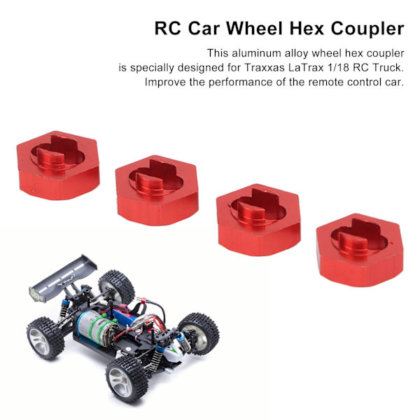 4PCS hjulnavadapter i aluminiumlegering, hjulnavkoppling för Traxxas LaTrax Teton 1/18 RC-bil, röd