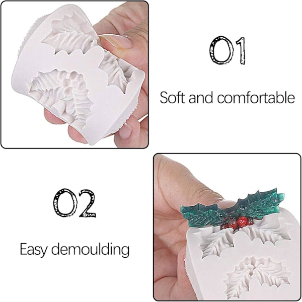 Jul Julkaksdekoration Toppers, 3D Mini Stechpalmenblad Silikonform för Fondant Kex Gummipasta, Lämplig för Ugnar, Diskmaskiner,