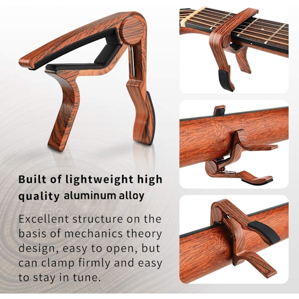 Gitarcapo i valnötsträ, mångsidig för flera instrument inklusive akustiska elgitarrer, ukulele, banjo, mandolin, snabbkopplingssystem