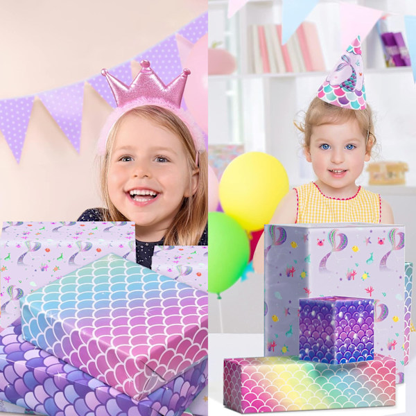 Sjöjungfru inslagning papper, 6 ark födelsedag inslagning papper regnbåge rosa blå premium presentinslagning papper för födelsedagsfest  bröllop festliga dekorationer