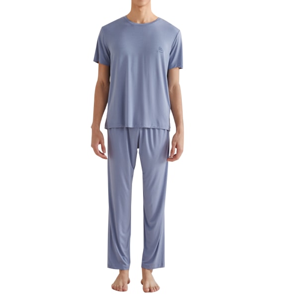 Blå Pyjamas Set våren sommaren mäns hemkläder rund hals kort