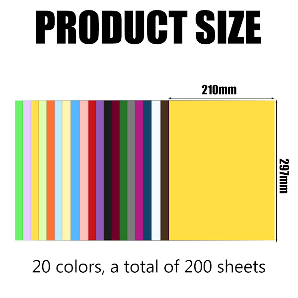 200 ark färgat papper, A4 Origami papper dubbelsidigt för barns konst- och hantverksaktiviteter (230gsm), 20 färger hantverkspapper kopieringspapper, 297mm X