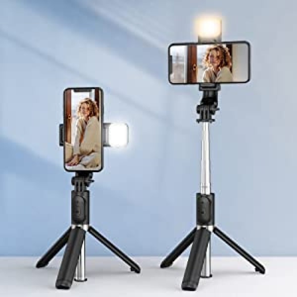 Selfiepinne stativ med ljus, Tupwoon selfiepinne med fjärrkontroll, mini selfiepinne mobiltelefonstativ kompatibel iPhone Android Samsung