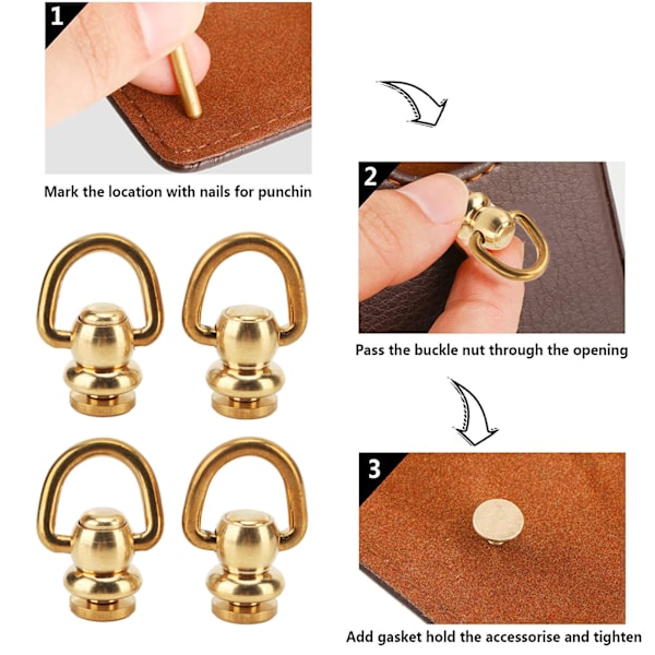 12 set D-ring skruv guld mässing metallplätering D-ring nitar för DIY läder plånbok rem skor dekoration L