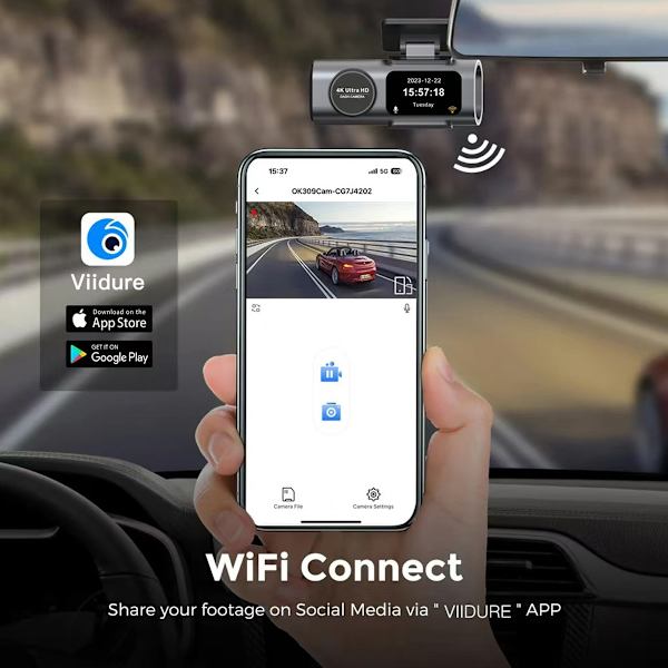 4K Dubbel Dashcam WiFi, Mini Dold Fram- och Bakkamera med Nattseende, Vidvinkel, WDR, Loopinspelning, G-Sensor, Parkeringsövervakning