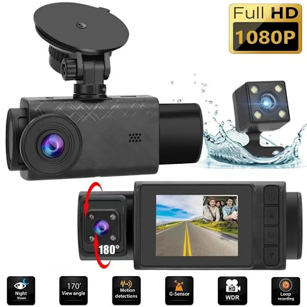 Dashkamera, 3-kanals dashcam GPS-bilrecorder fram inomhus 1080P bak 480P loopinspelning nattvision parkeringsläge