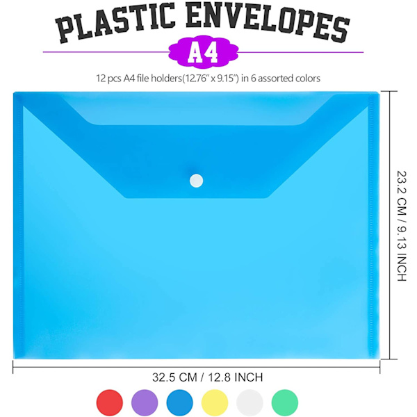 12-pack plastfickor polyfickor, A4 genomskinliga filpåsar dokumentmappar dokumentorganisatörer med tryckknapp för dokumentpappersverktyg