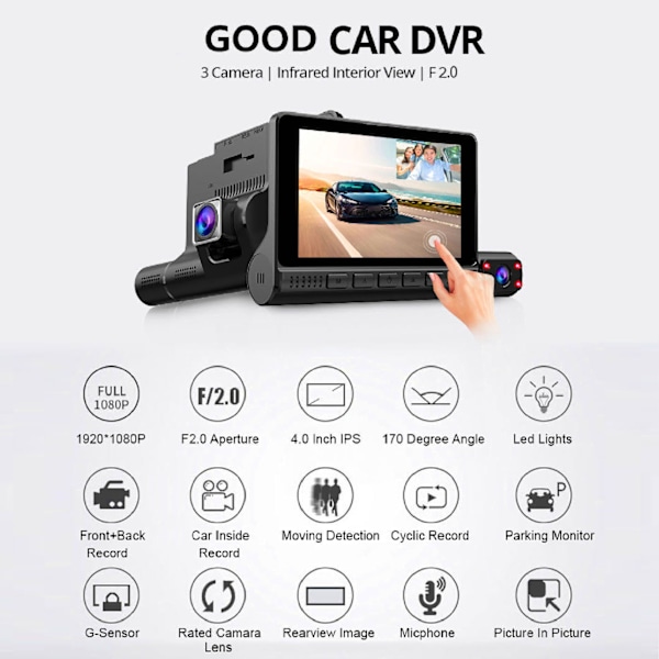 Innovativ Dashcam, 3-enheters set med vidvinkelobjektiv & WiFi-anslutning, Stöder loop-inspelning & infraröd mörkerseende