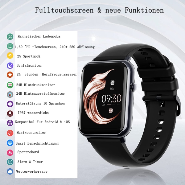 SmartWatch Fitness watch för kvinnor IP67 Vattentät, 1,69 tum HD Fitness Watch med pekskärm med blodsyre/puls