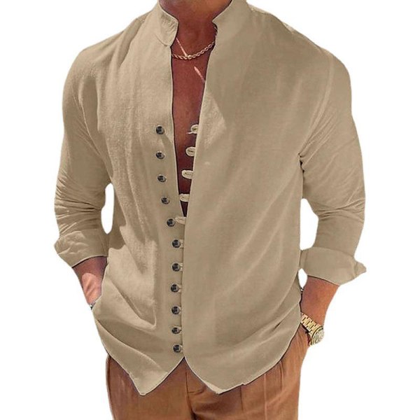Linneskjorta herr långärmad bomullslinne skjorta med ståkrage med knappslå för herr lätt sommarskjorta casual Henley skjorta