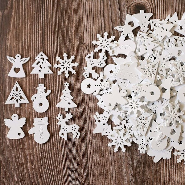 Miniatyr julgransprydnad i trä, ca 100 st julgransprydnad, mini snöflingor, tomte, träskivor, spridda dekorationer, gör-det-själv-hantverk,