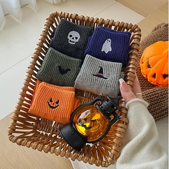 5-delt sæt Halloween damesokker med skøre søde broderede mønstre og ankelstrømper