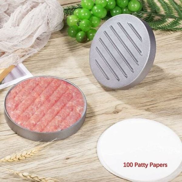Hamburgerpress med 100 ark bakplåtspapper, runda bakplåtspapper, aluminiummalet biffpress hamburgerpress med non-stick-beläggning, för hamburgare,