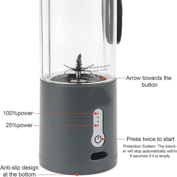 Bärbar mixer för smoothies och milkshakes, 530 ml minimiixer, med laddningsbar C-typ och 6 blad, 4000 mAh fruktmixer juicepress, personlig