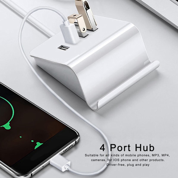 4-portars USB-hubb splitter strömadapter med telefonhållare för Android/IOS mobiltelefon bärbar dator vit