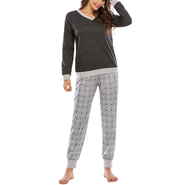 Lång pyjamas för kvinnor, tvådelad vintersovplagg i bomull med muddar, långärmad topp för fritidskostymer och pyjamasbyxor