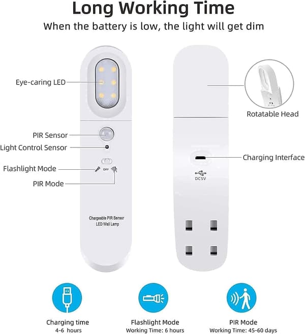 Bevægelsessensor Plug-in LED Natlys, 1-pak Genopladelig Stick