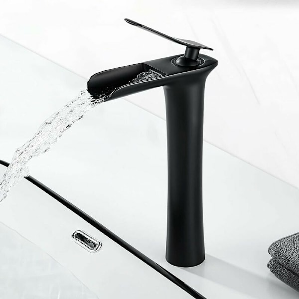 Matt svart vattenfall badrumskran, modern hög vattenfall handfat kran, 235mm hög pip handfat kran, mässing badrum mixer, varmt och kallt vatten