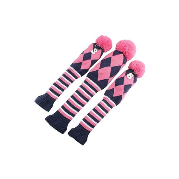 Golf Knit 3st Headcover Set Vintange Pom Pom Sock Covers 1-3-5 Rosa & Vit Nyhet