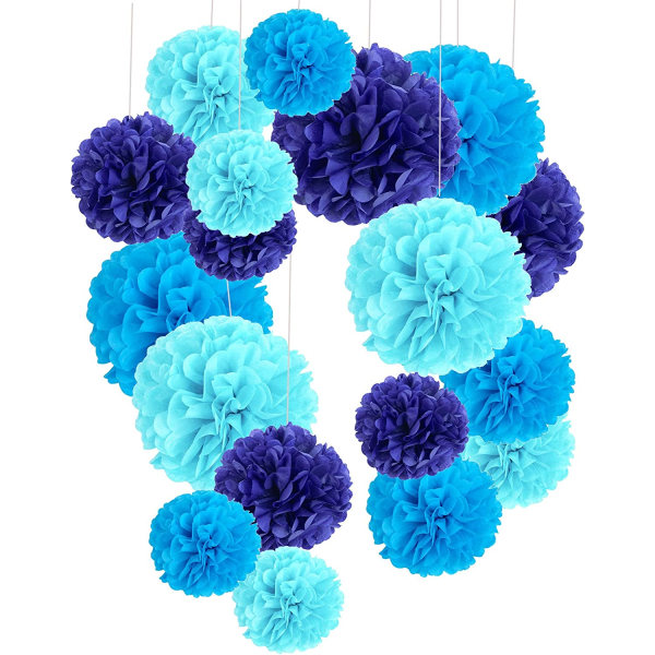 Paket med 18 blå Pom Poms Blommor Dekorationspapper Kit för fest