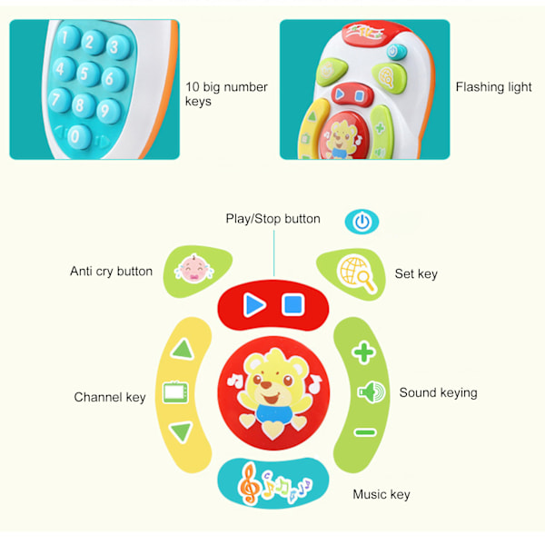 Fjärrkontroll för barn med hög simulering, olika knappar, musik, belysning, berättelseförsäljning