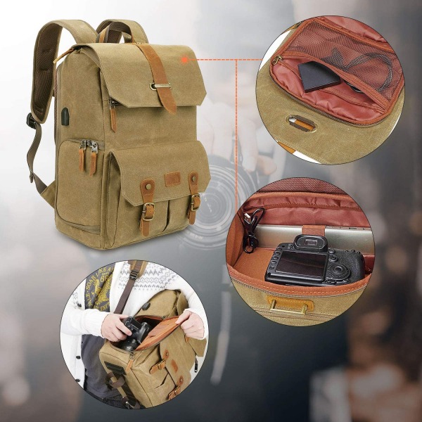 Kameraryggsäck Vattentät canvas linnetyg och äkta läder DSLR-ryggsäck 15,6 tum laptopryggsäck, fotoryggsäck för kameratillbehör och