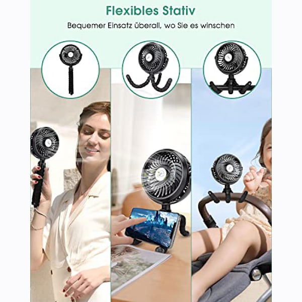 Portabel Fläkt för Barnvagn, Flexibelt Bläckfiskstativ, USB Uppladdningsbar, Stark Vind, Praktiskt Tyst vid Lägsta Hastighet, 360° Justering, Perfekt för