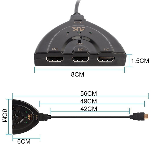 HDMI-switch, 3-portars 4K HDMI-switch 3x1 switch splitter med pigtail-kabel som stöder Full HD 4K 1080P