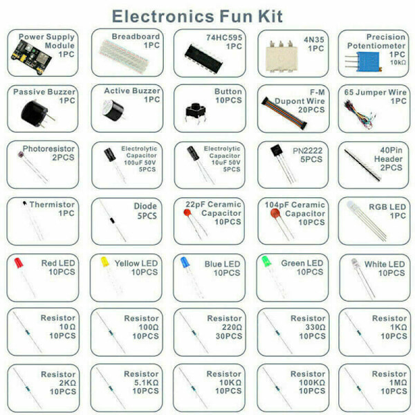 Elektronisk rolig kit, omfattande komponenter för Arduino-kompatibla projekt, inklusive MB-102 kopplingsdäck, strömförsörjning och individuellt förpackade