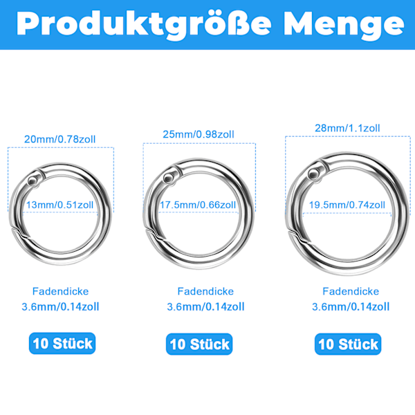 30-pack runda karbinhakar, O-ring fjäderkarbinhakar, liten nyckelring, fjäderhoppringar för nyckelkedja väska plånbok, hantverk, handväskor, silver