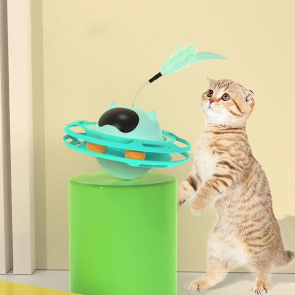 Katt skivspelare leksak 360 graders rotation lindra tristess intressant interaktiv katt leksak med fjäder för katt tillbehör blå