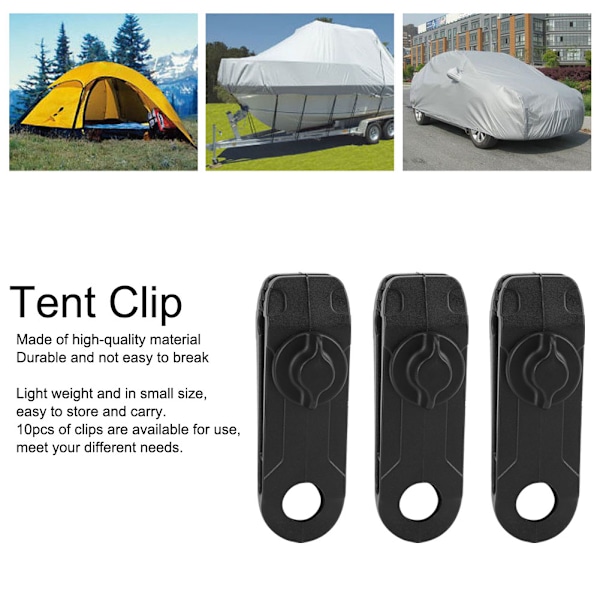 10 st Tältklämmor i plast för utomhusbruk, spänne, presenning, fästklämma, campingtillbehör, svart
