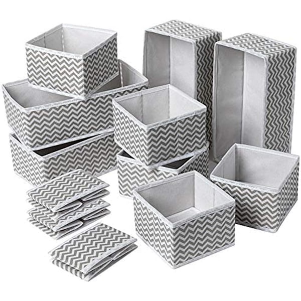 Garderobsförvaring för Kläder, Utrymmesbesparande Tygbehållare, Justerbara Fack för Underkläder, BH:ar, Strumpor, Babykläder, Grå (12-pack)