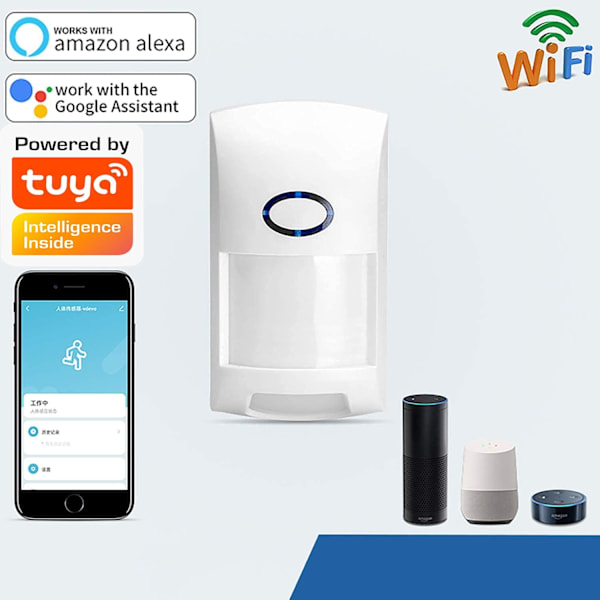 WiFi Trådlöst Säkerhetslarm, Smart Rörelsesensor med 110dB Ljud- och Ljuslarm, Husdjursimmun Detektering, 6 Månaders Standby på Batterier