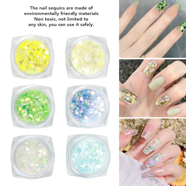 Strålande Nagelkonstglitter, 6 Unika Nyanser med Iridescent Finish, Säkert & Miljövänligt, Din Go-To för Glamorösa Utekvällar