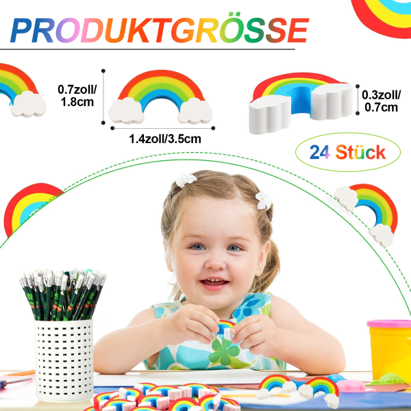 Förpackning med 24 regnbågsradergummin, färgglada radergummin, kawaii-radergummiset, mini-regnbågsradergummin i tecknad stil för skolor, kontor, skissrum, pojkar och flickor,