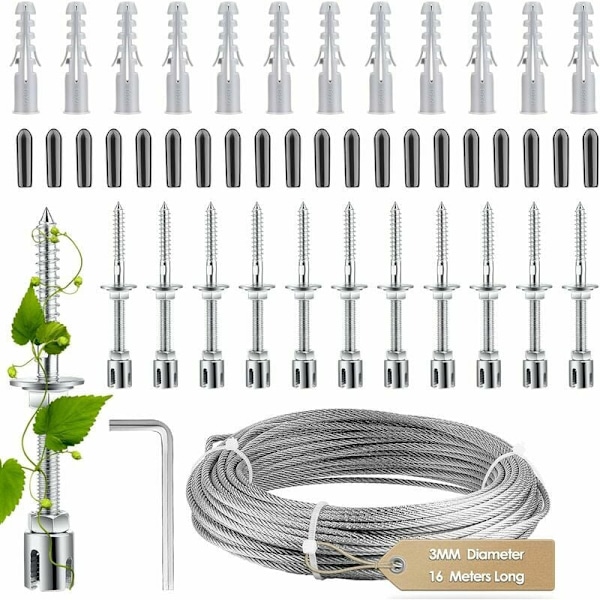 Stöd för klätterväxter, komplett rostfritt stålkit med väggstöd och repdiameter 3 mm (längd 16 m)