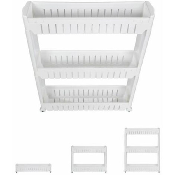 Hjulhylla, förvaringsenhet med hjul - Material: Plast - Vikt: 1,79 kg - 3 fack, 54,5*12,5*71cm, Vit