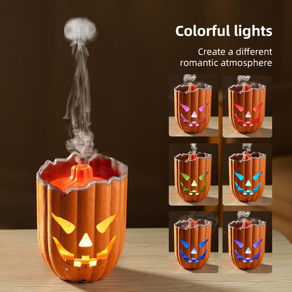 Halloween Gresskar Aromaterapi Diffuser og Luftfukter, Ultralyd Diffusjon, Kombinert med Manet-tåke og Fargerike LED-lys