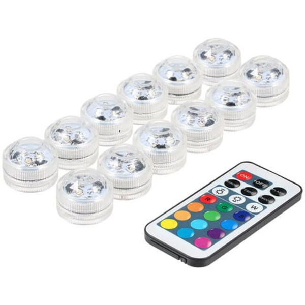 Mini färgglad RGB LED dyklampa IP68 vattentät med fjärrkontroll, 12 st RUIOIU