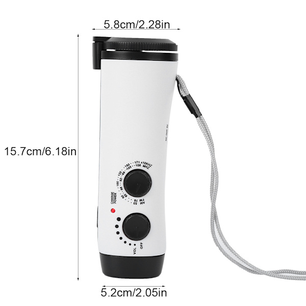 Plastficklampa för utomhusbruk med vev, multifunktionell, radio, LED-nödljus, mobiltelefonladdning, vit