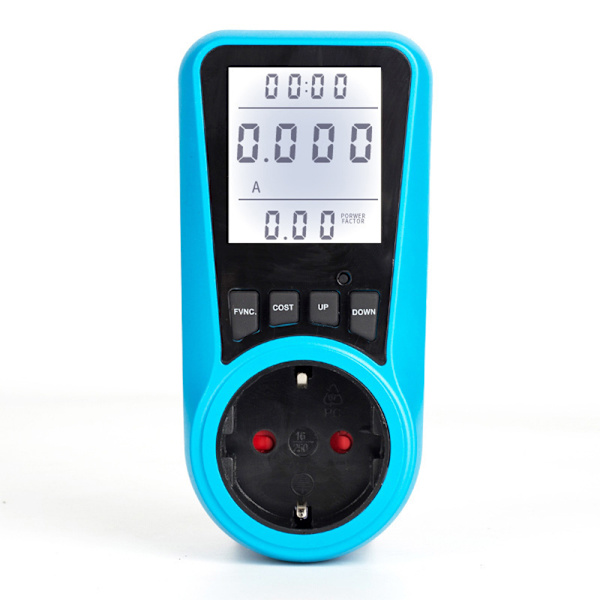 Energmätare, wattmeter med överbelastningsskydd, 3680 W, uttag med stor LCD-display, blå