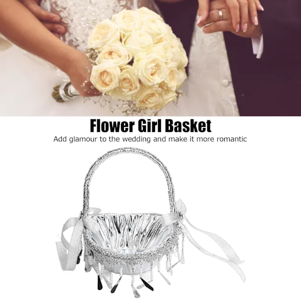 Bröllopsblomkorg Silver Hand Blomkorg Romantisk Rhinestone Blomkorg med Spets M