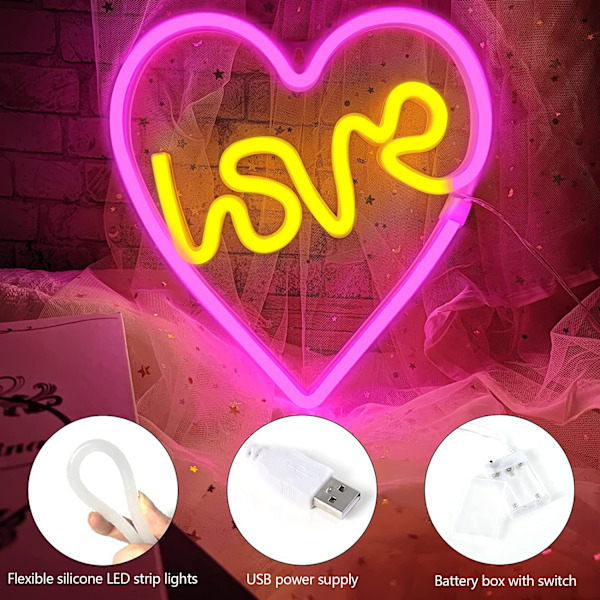 Neonskyltar för väggdekor Kärlek och Hjärta Rosa Neonljus Skyltar Drivs av USB/Batterier, Akryl Neonljus för Flickor Barn Sovrum, Bröllop, Bar,