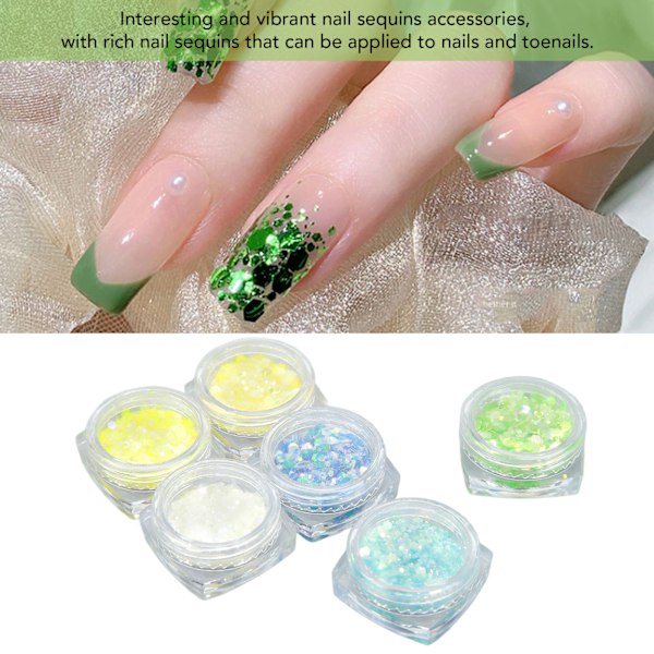 Strålande Nagelkonstglitter, 6 Unika Nyanser med Iridescent Finish, Säkert & Miljövänligt, Din Go-To för Glamorösa Utekvällar